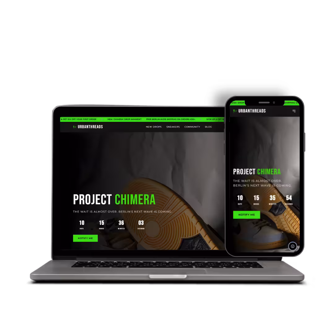 Modern laptop displaying a responsive website design with clean interface, featuring a contemporary e-commerce platform with product galleries, shopping cart, and user dashboard elements